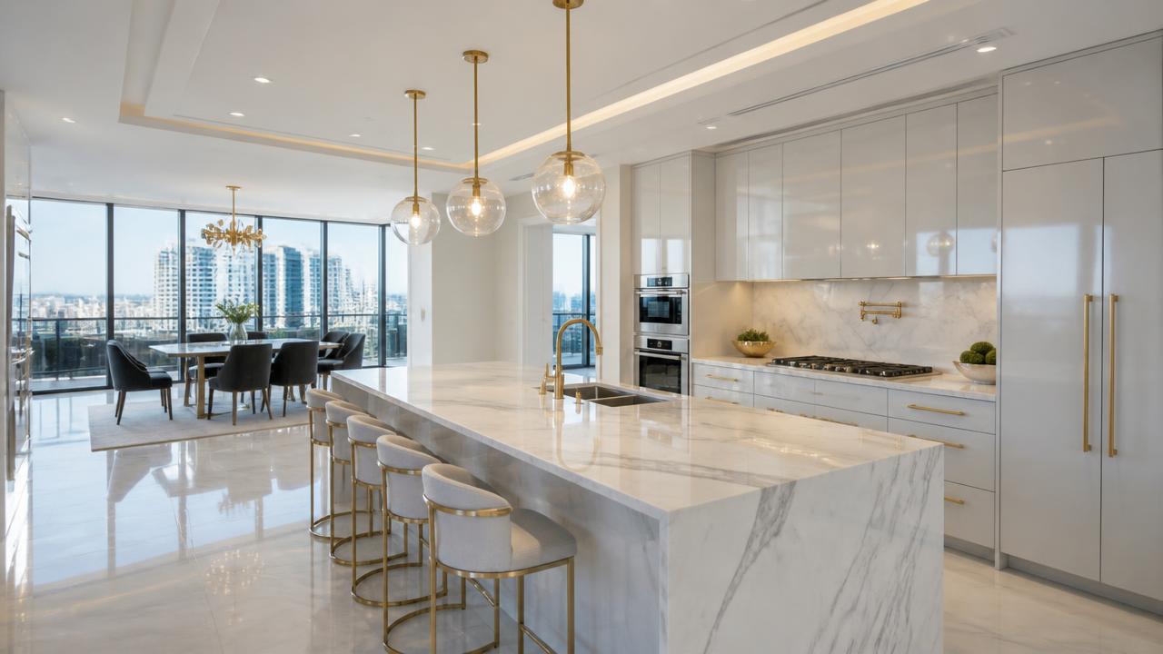 Modern kitchen used as a live video call background