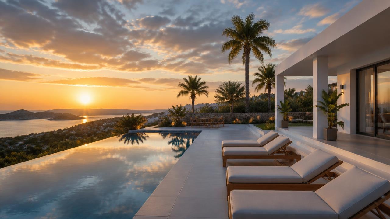 Poolside villa used as a live video call background